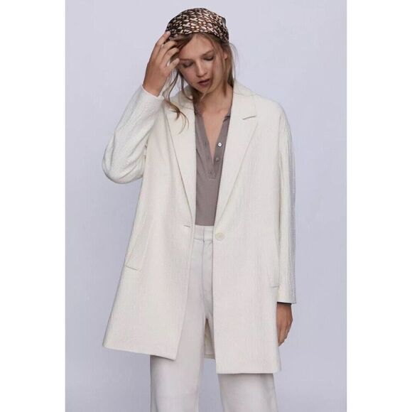 ZARA TEXTURED COAT SIZE LARGE CREAM COLOR - Picture 1 of 15